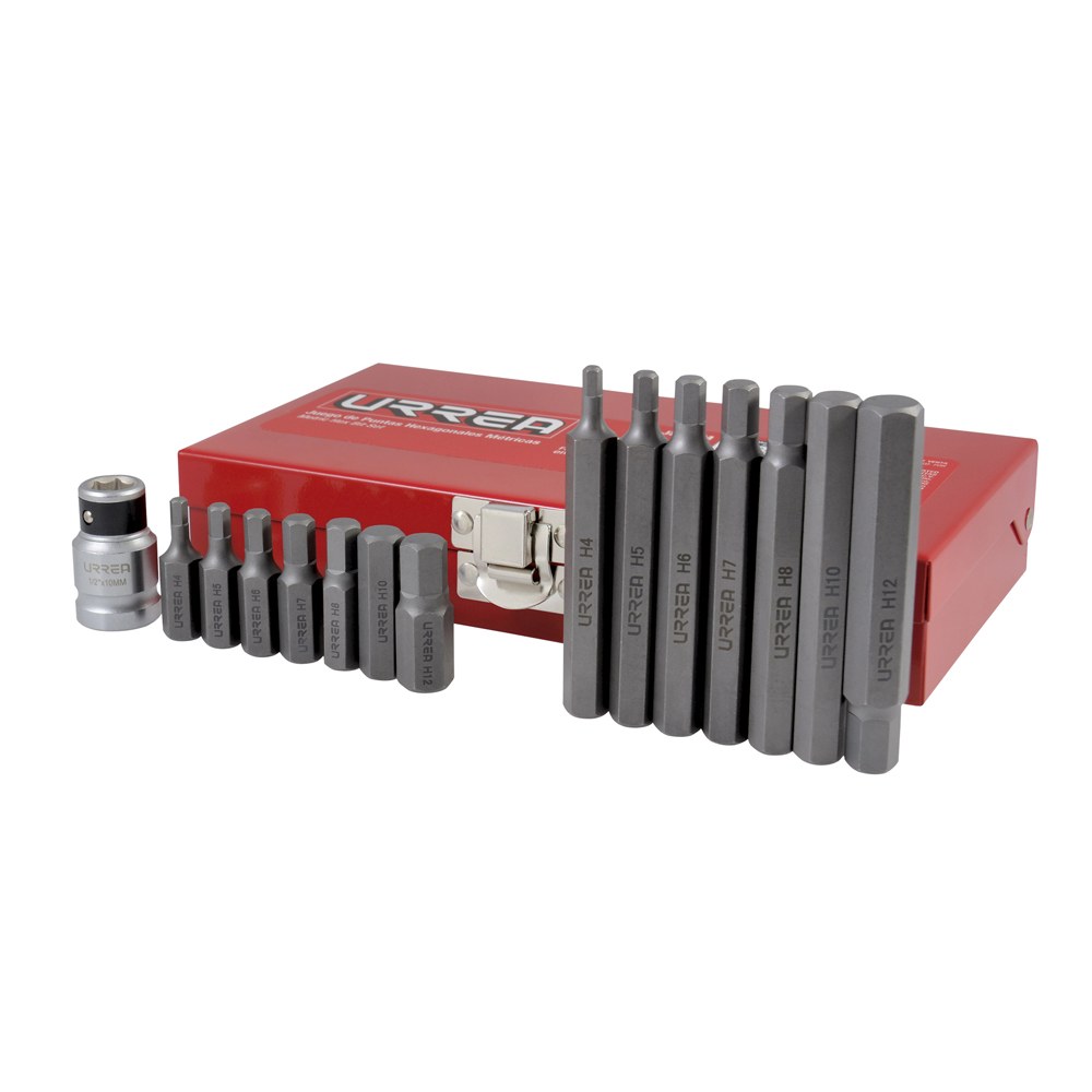 Juego de puntas hexagonales hexágono de 3/8" mét, con adaptador, 15 pz en caja metalica Urrea