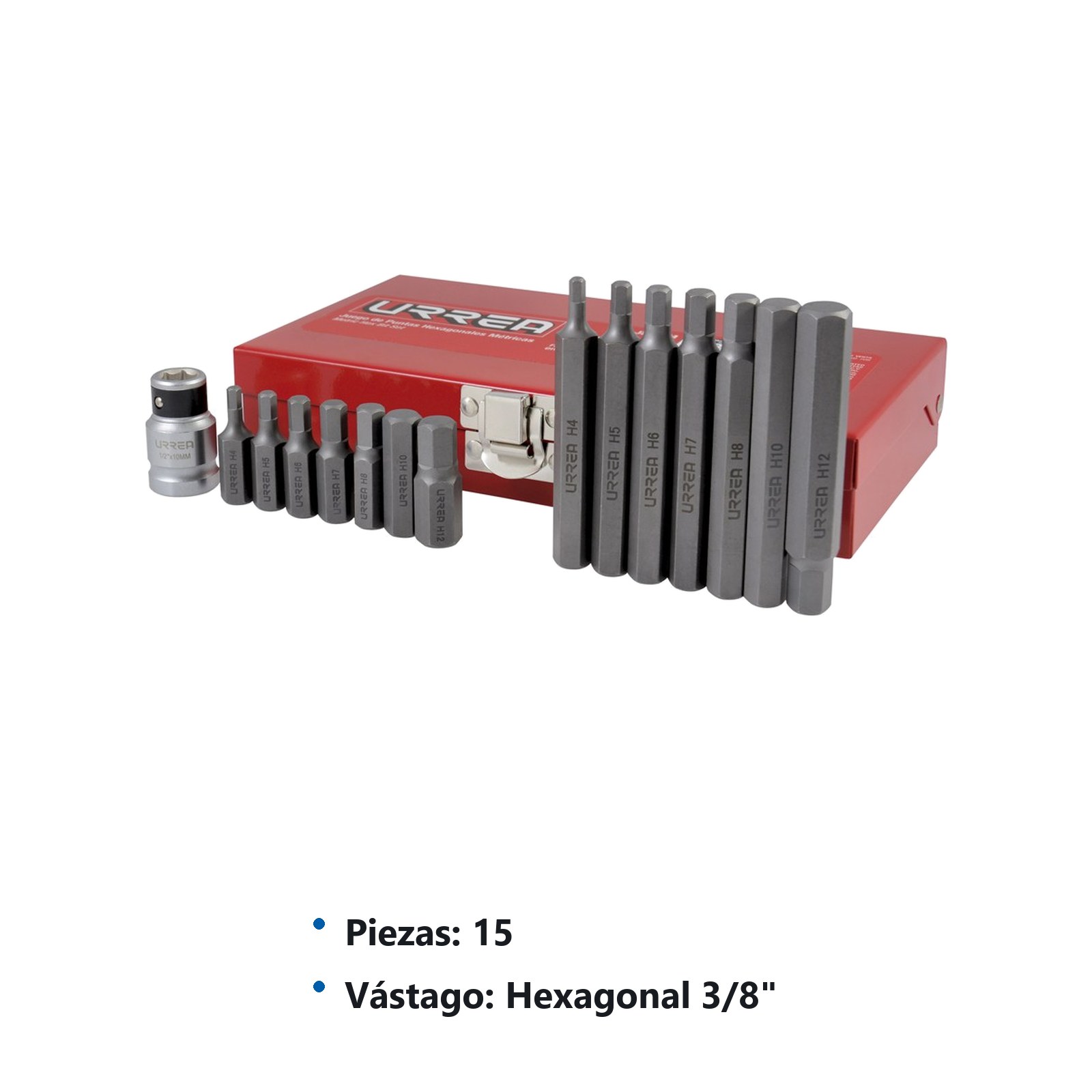 Juego de puntas hexagonales hexágono de 3/8" mét, con adaptador, 15 pz en caja metalica Urrea - Imagen 2