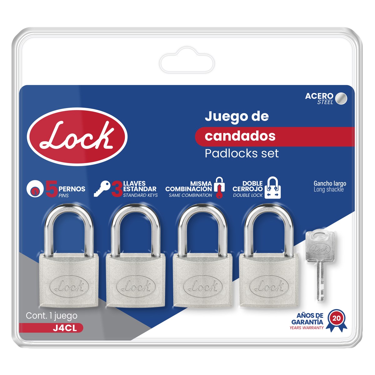 Juego de candados de acero largos 38 mm, llave estándar, 4 piezas Lock - Imagen 2
