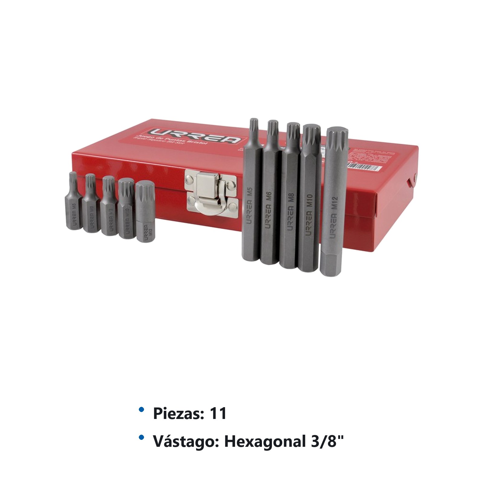 Juego de puntas bristol hexágono de 3/8" con adaptador, 11 piezas en caja metálica Urrea - Imagen 2