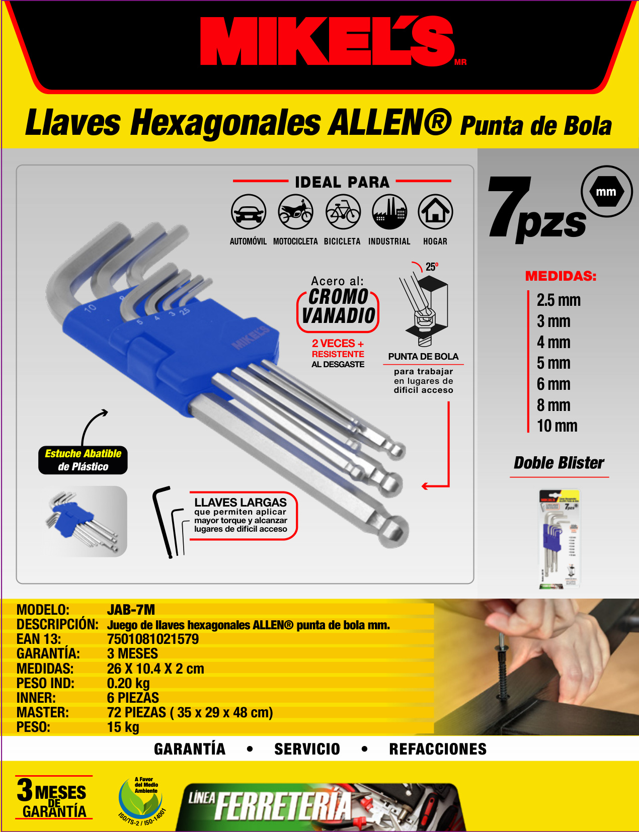 MIKELS JAB-7M Juego de llaves hexagonales allen® milimétricas, punta de bola (7 pzas) - Imagen 4