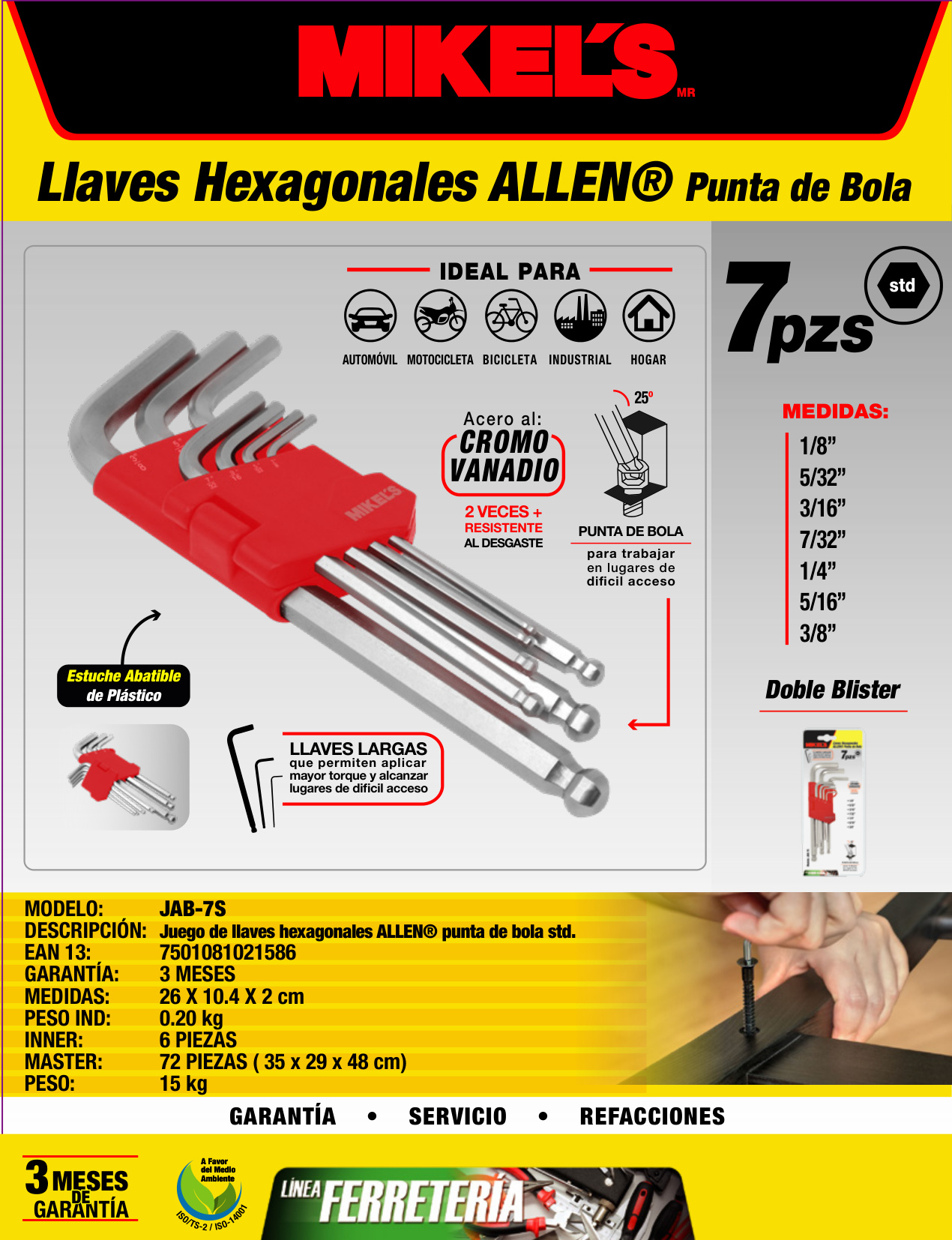 MIKELS JAB-7S Juego de llaves hexagonales allen® estándar, punta de bola  (7 pzas) - Imagen 4