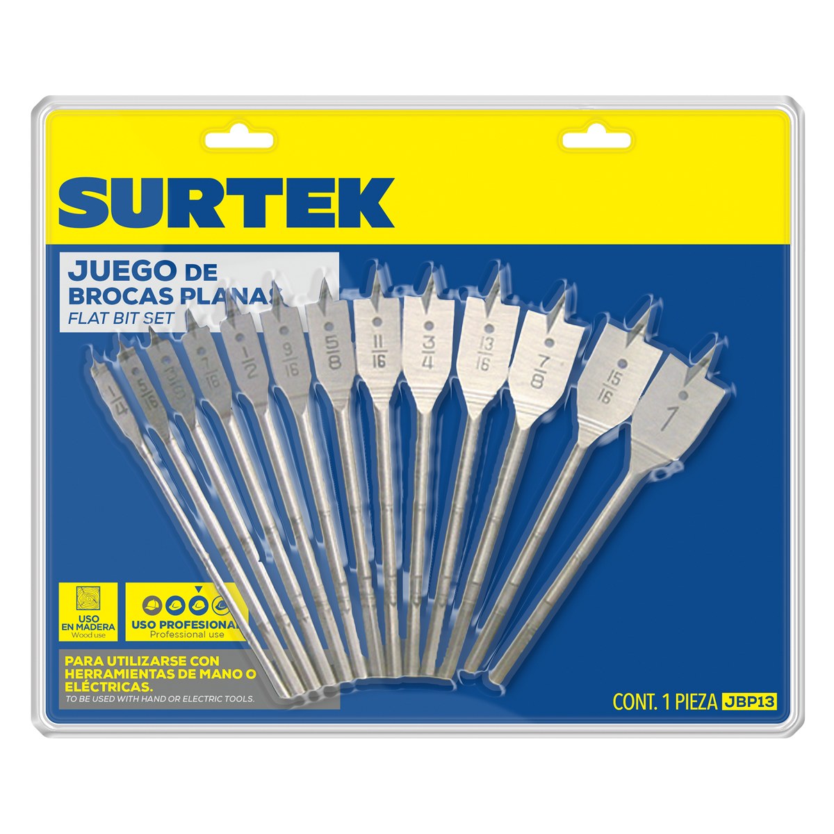 Juego de brocas para madera de acero al carbono tipo manita zanco hexagonal, 13 piezas Surtek - Imagen 2
