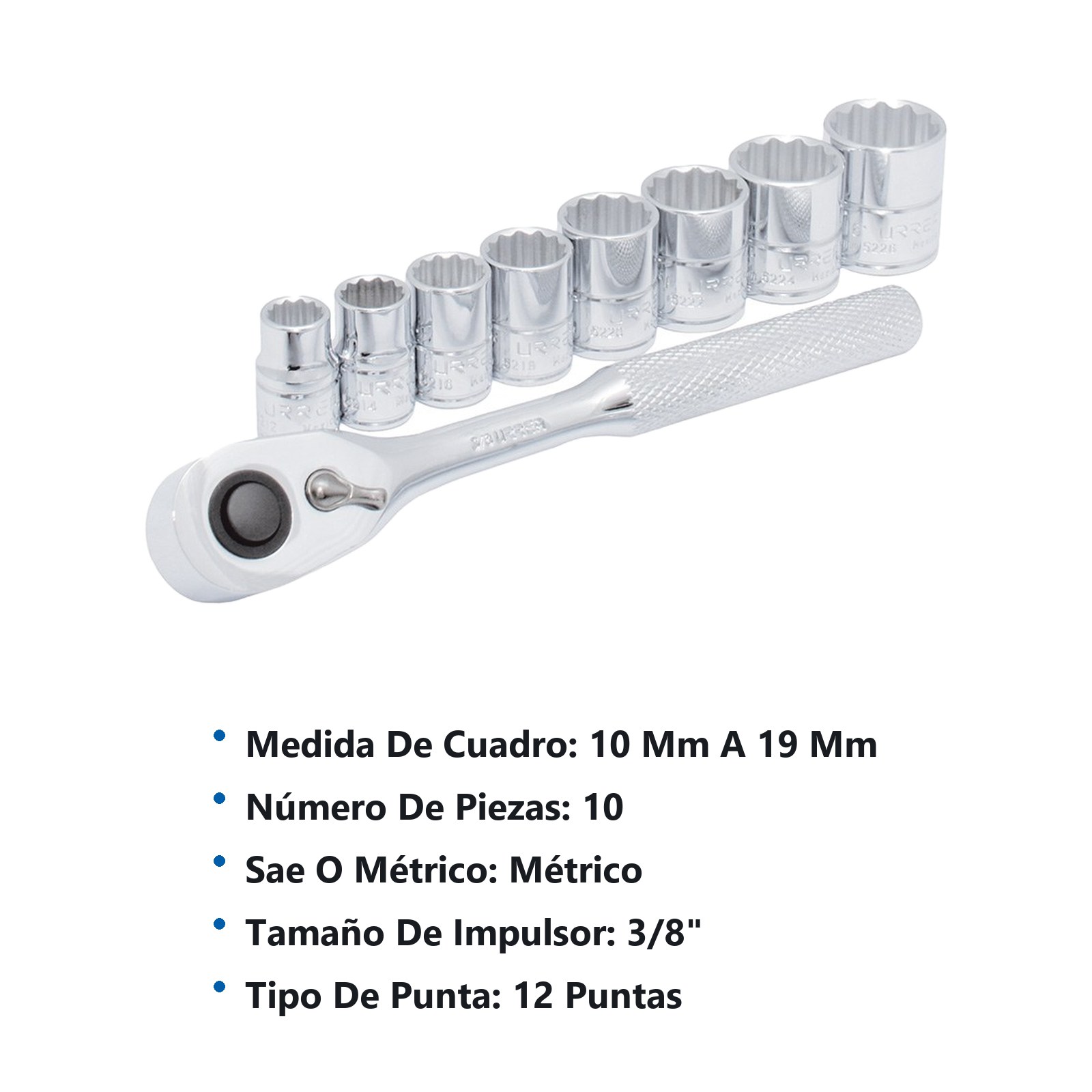 Juego de dados y accesorios cuadro de 3/8" métrico, 10 piezas Urrea - Imagen 2