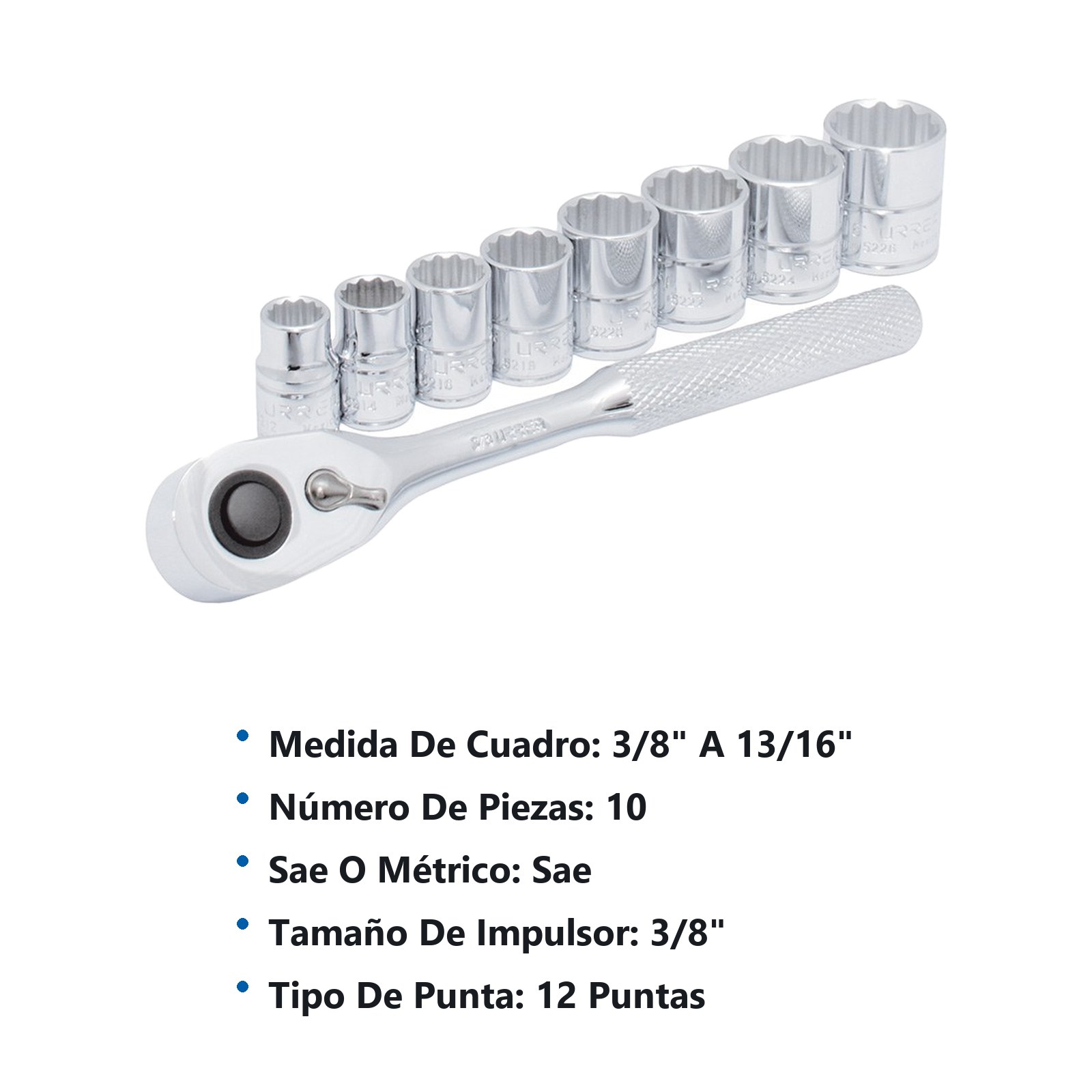 Juego de dados y accesorios cuadro de 3/8" en pulgadas, 10 piezas Urrea - Imagen 3