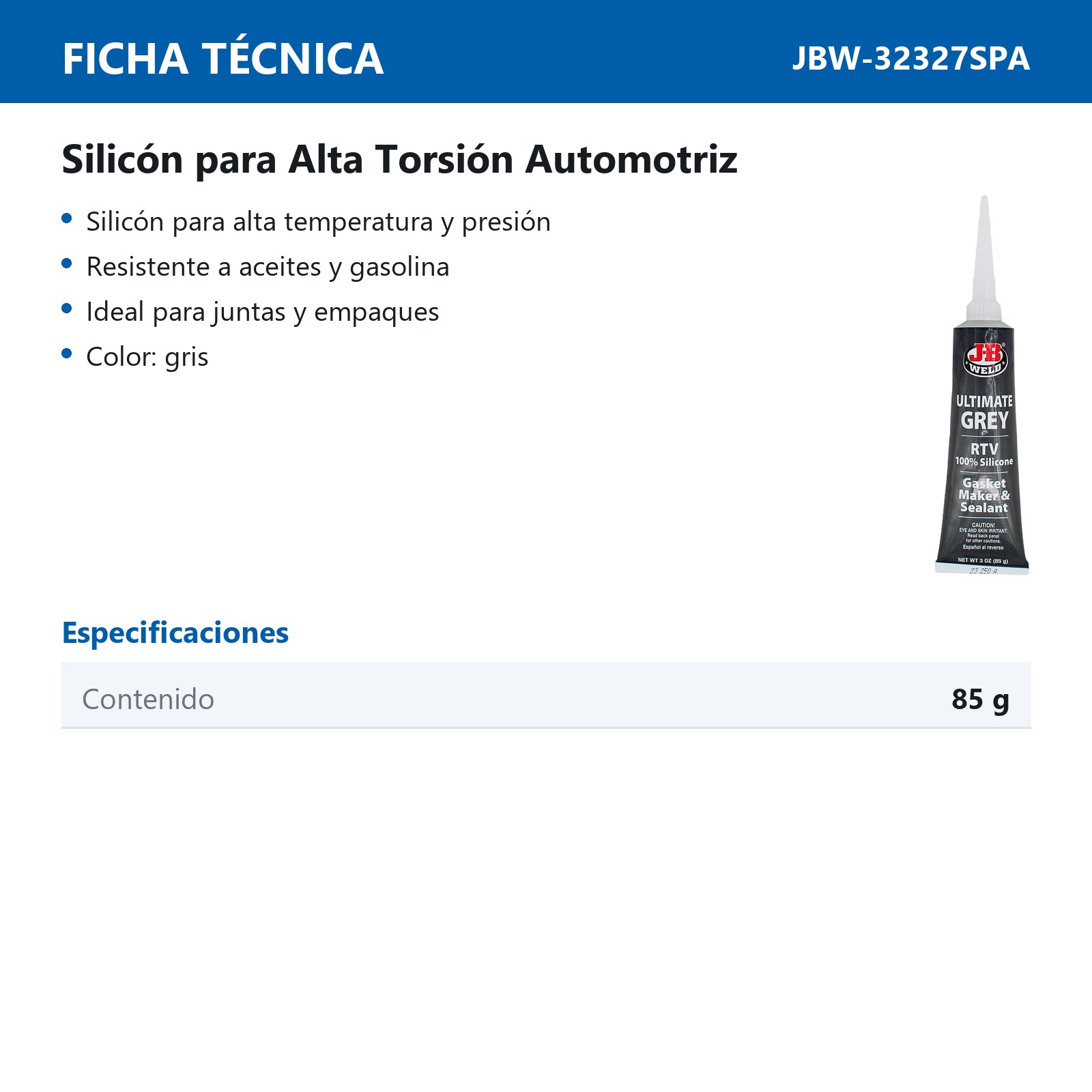 SILICON PARA ALTA TORSION AUTOMOTRIZ 85 GR GRIS JB WELD - Imagen 3