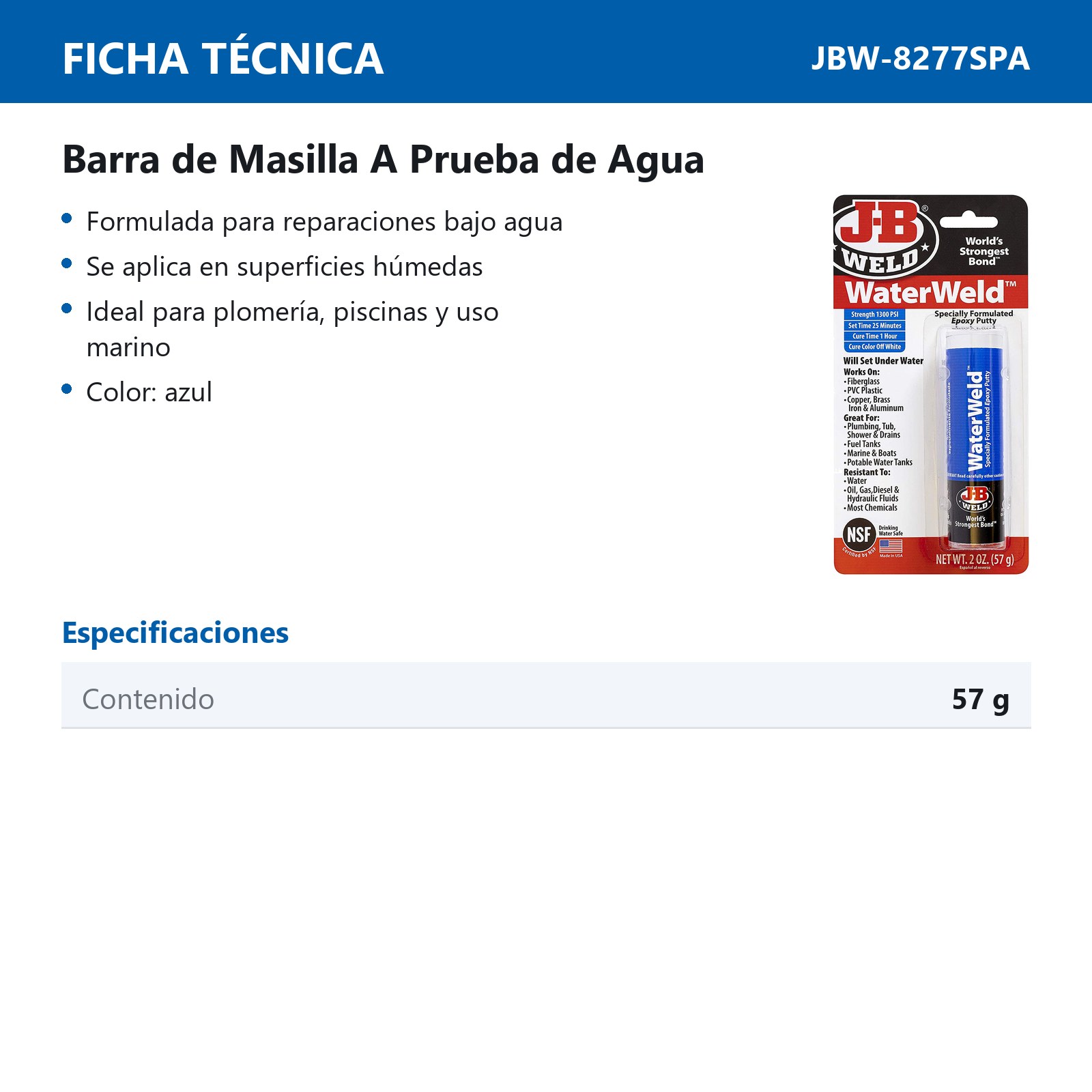 MASILLA APRUEBA DE AGUA 57 GR AZUL BARRA JB WELD - Imagen 3
