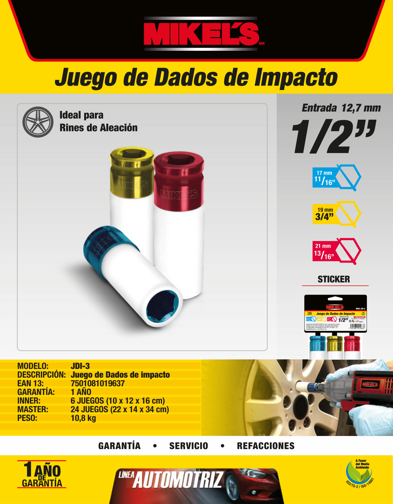 MIKELS JDI-3 Juego dados de impacto, 3 pzas (17 mm, 19 mm & 21 mm) - Imagen 4
