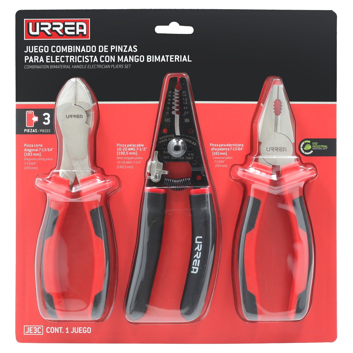 Juego de pinzas para electricista con mango bimaterial combinado, 3 piezas Urrea - Imagen 2