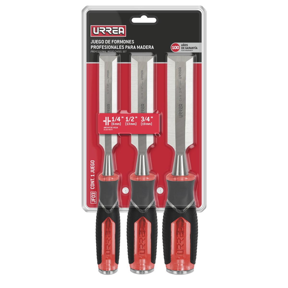 Juego de formones para madera con mango bimaterial 1/4", 1/2" y 3/4", 3 piezas Urrea - Imagen 2