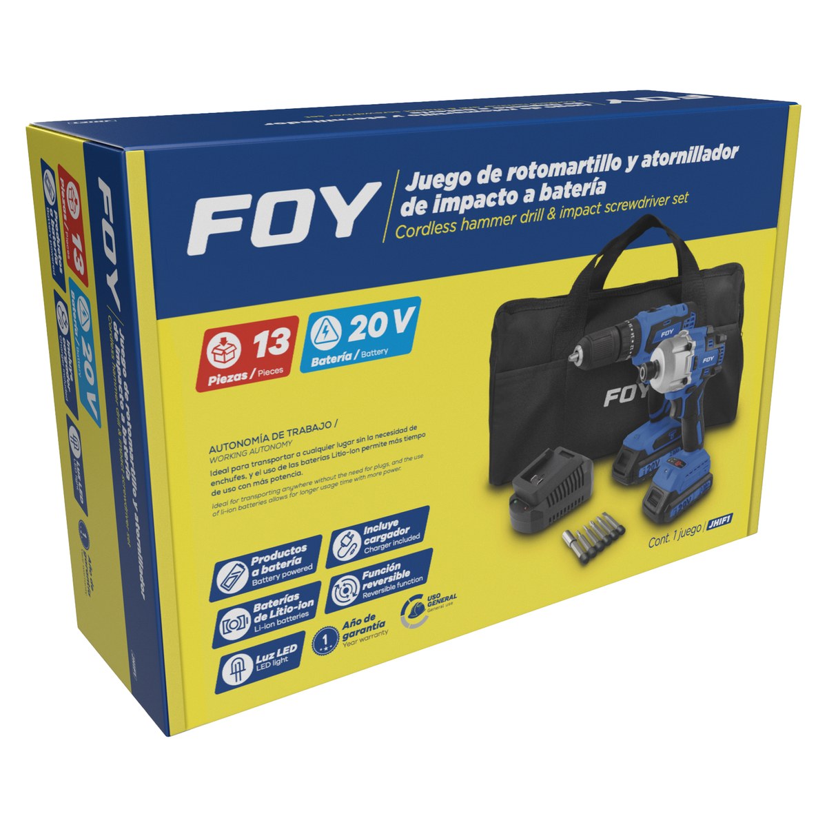Juego de rotomartillo y atornillador de impacto a batería Li-ion 20 V, 2 piezas en mochila Foy - Imagen 2