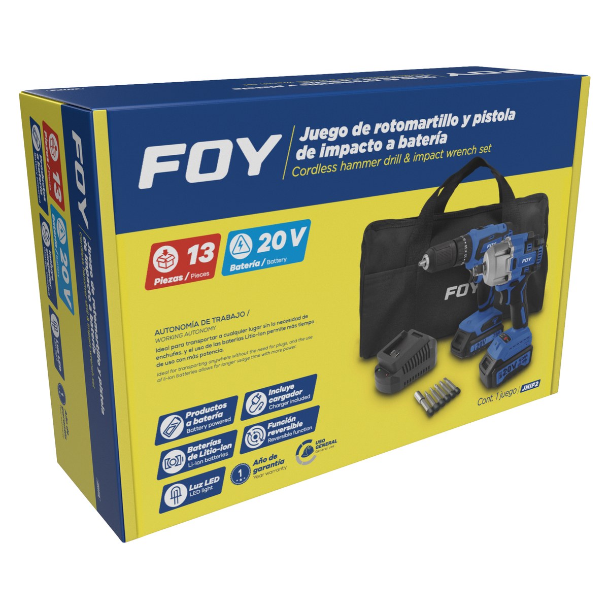 Juego de rotomartillo y pistola de impacto a batería Li-ion 20 V, 2 piezas en mochila Foy - Imagen 2