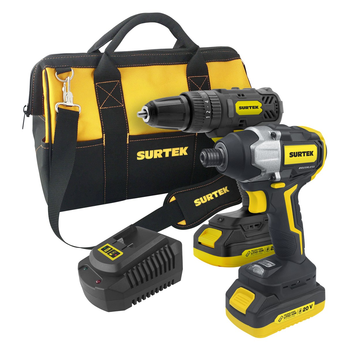 Juego de rotomartillo y atornillador de impacto a batería Li-ion 20 V, 2 piezas en mochila Surtek