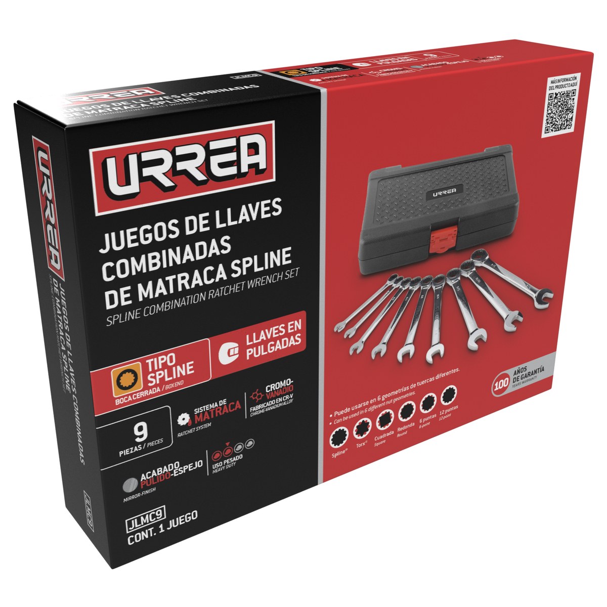 Juego de llaves combinadas pulido espejo de matraca spline en pulg,12 pts,9 pz en cja plás Urrea - Imagen 2