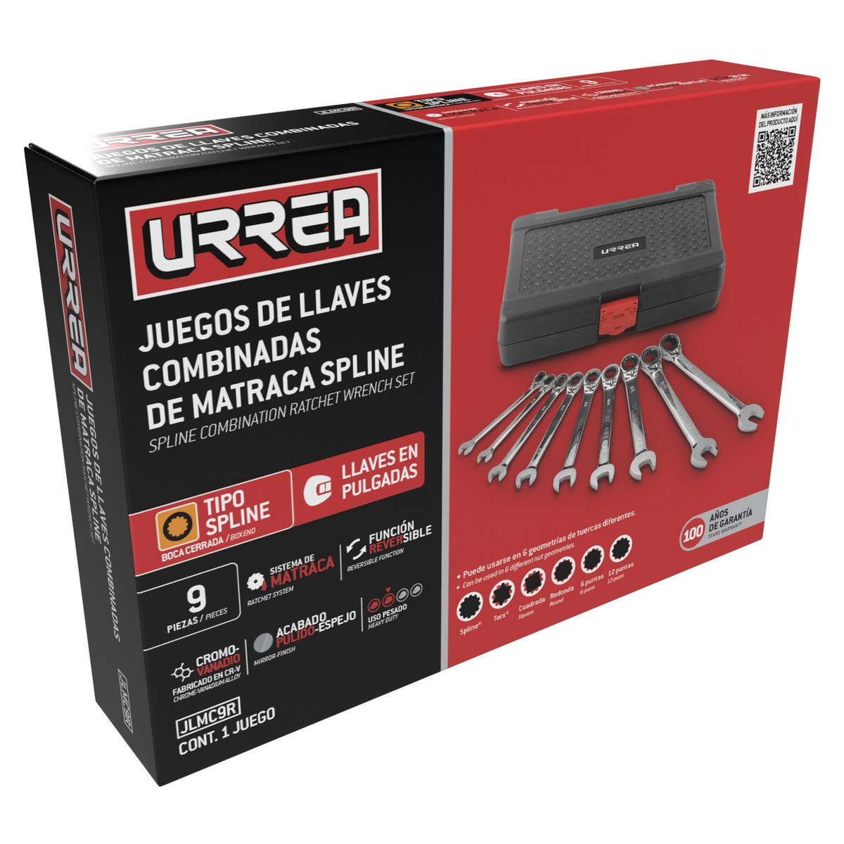 Juego de llaves combinadas pulido espejo de matraca spline rev en pulg,9 pz en caja plást Urrea - Imagen 2