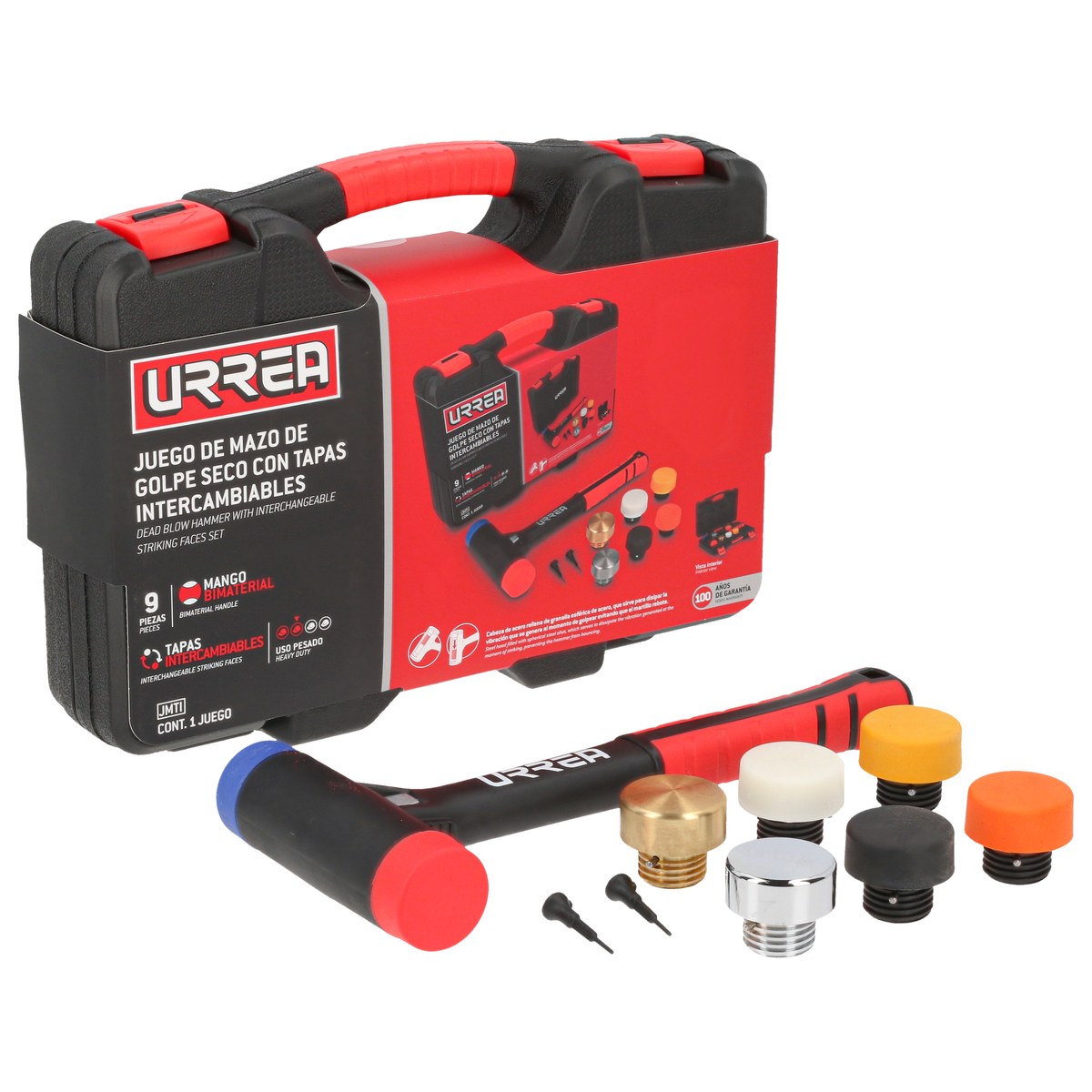 Juego de mazo de golpe seco con mango Rubber grip tapas intercambiables 16 oz, 9 piezas Urrea