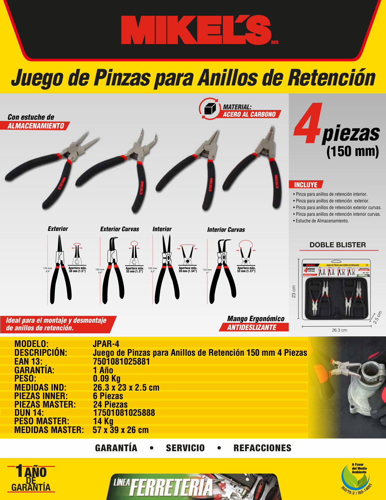 MIKELS JPAR-4 Juego de pinzas para anillos de retención 150 Mm (4 pzas) - Imagen 4
