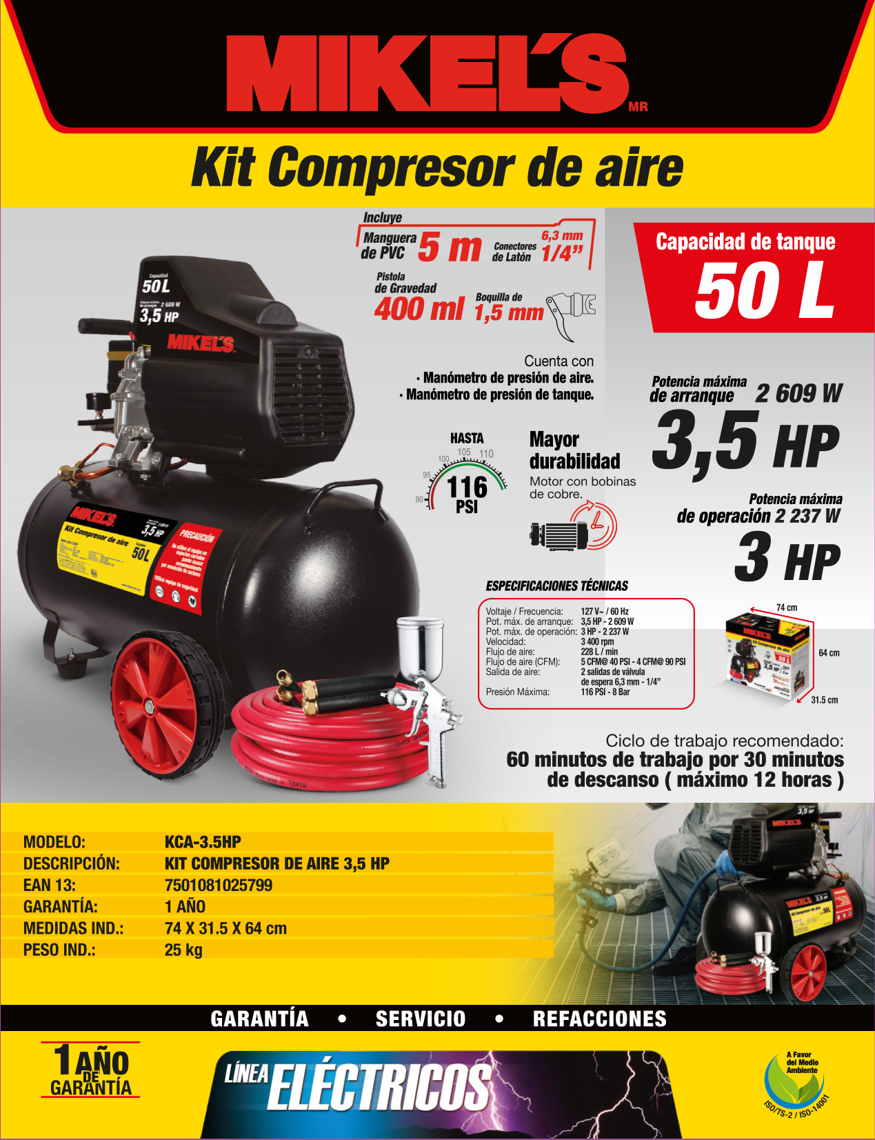 MIKELS KCA-3.5HP Compresor de aire 3.5 HP con kit neumático (50 lts) - Imagen 2