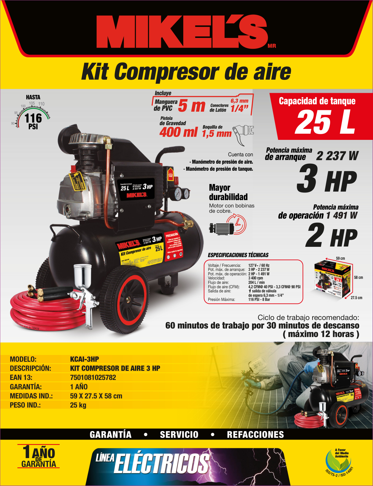 MIKELS KCAI-3HP Compresor de aire 3 HP con kit neumático (25 lts) - Imagen 2