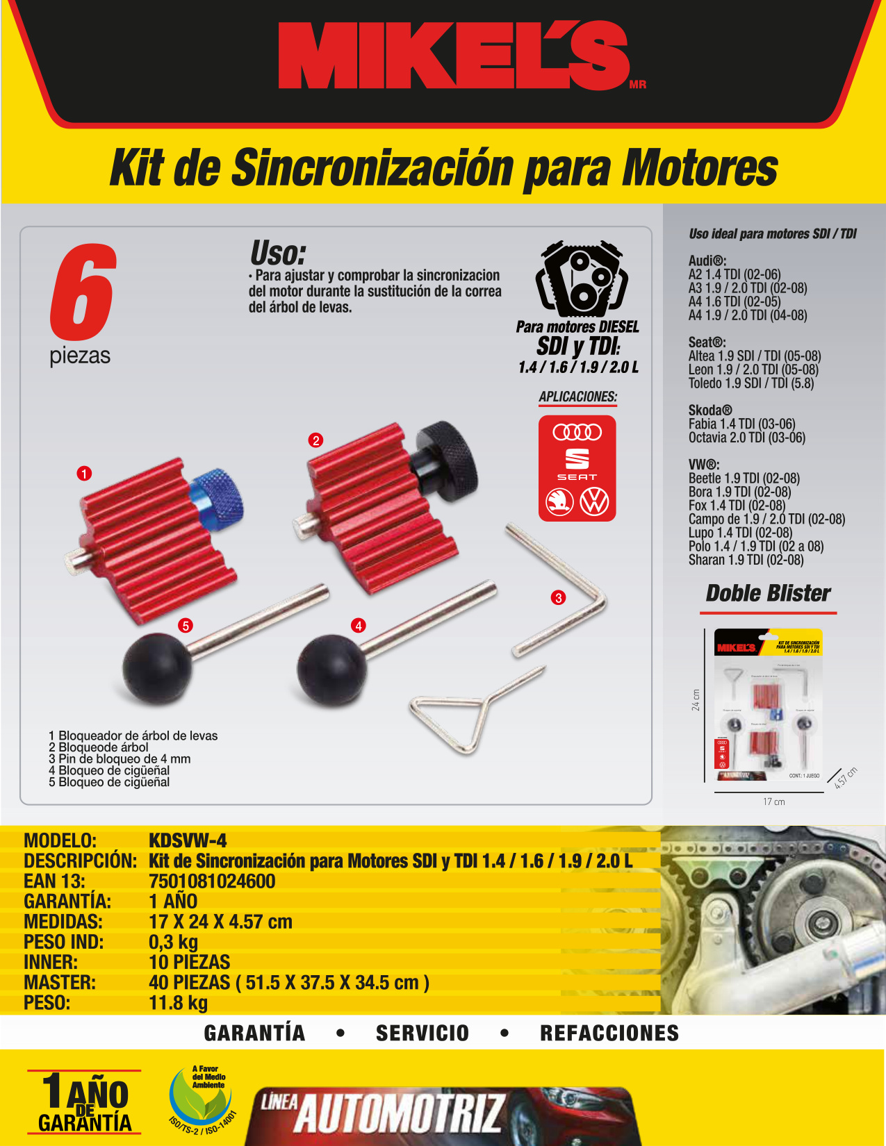 MIKELS KDSVW-4 Kit de sincronización para motores (VW® 1.4 / 1.6 / 1,9 / 2.0L Sdi/Tdi) - Imagen 4