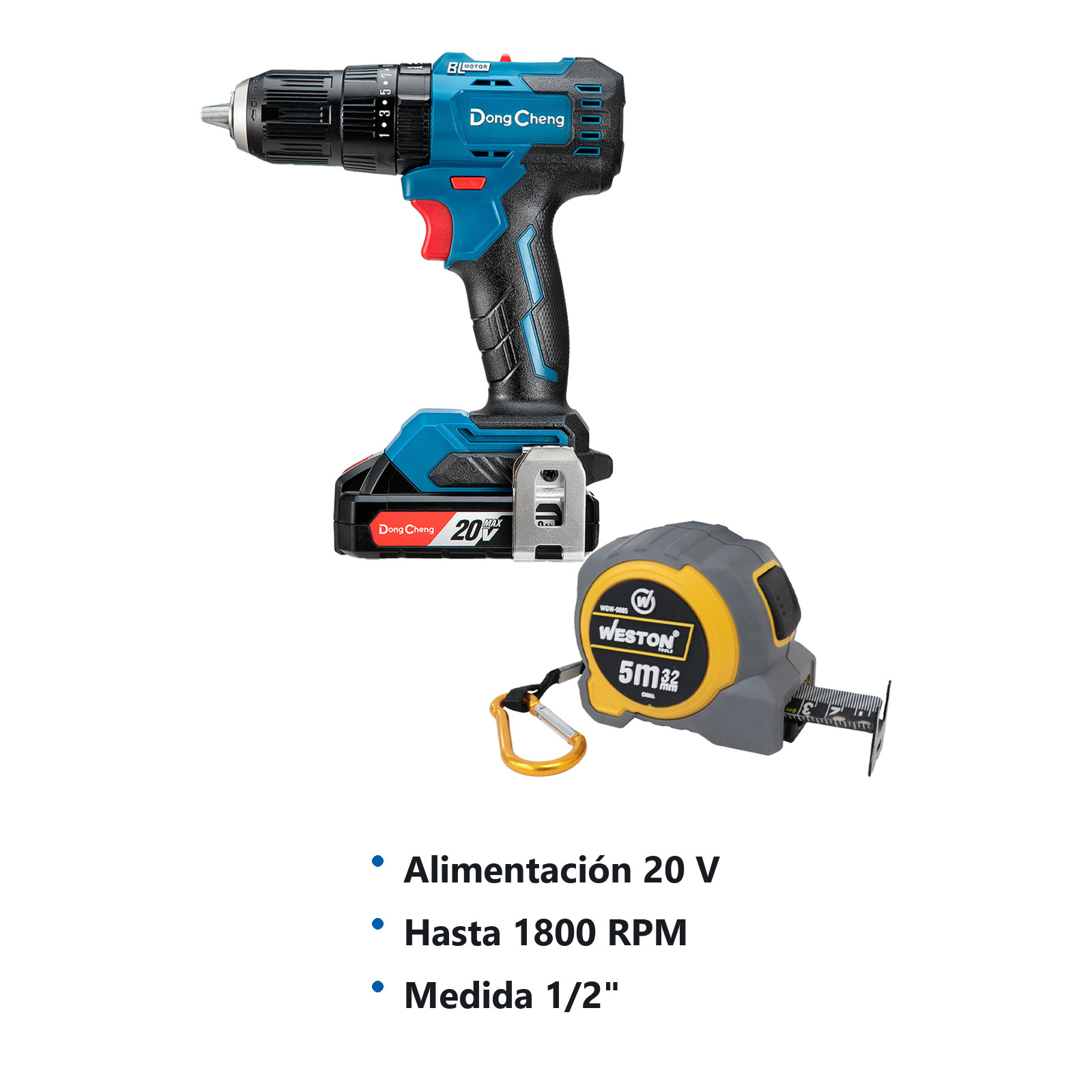 ROTOMARTILLO 20V 1800RPM 1/2" + BROCA AV 3/8" 10PZ + FLEXOMETRO 5M - Imagen 2