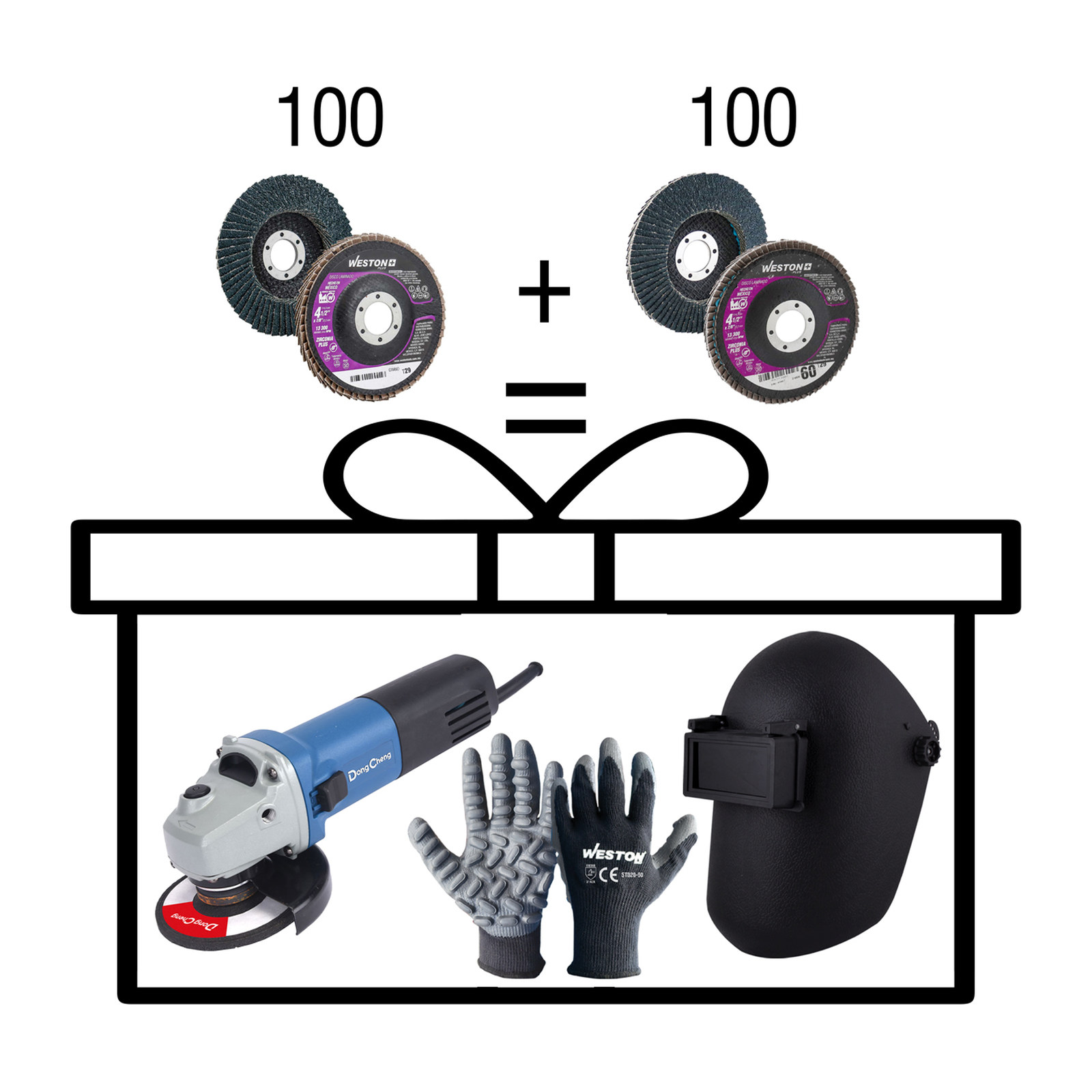 Kit Esmeriladora Angular WESTON 1020 W 4-1/2" con Discos Laminados Zirconio G40 y G60, Careta para Soldar y Guante Anti Vibración