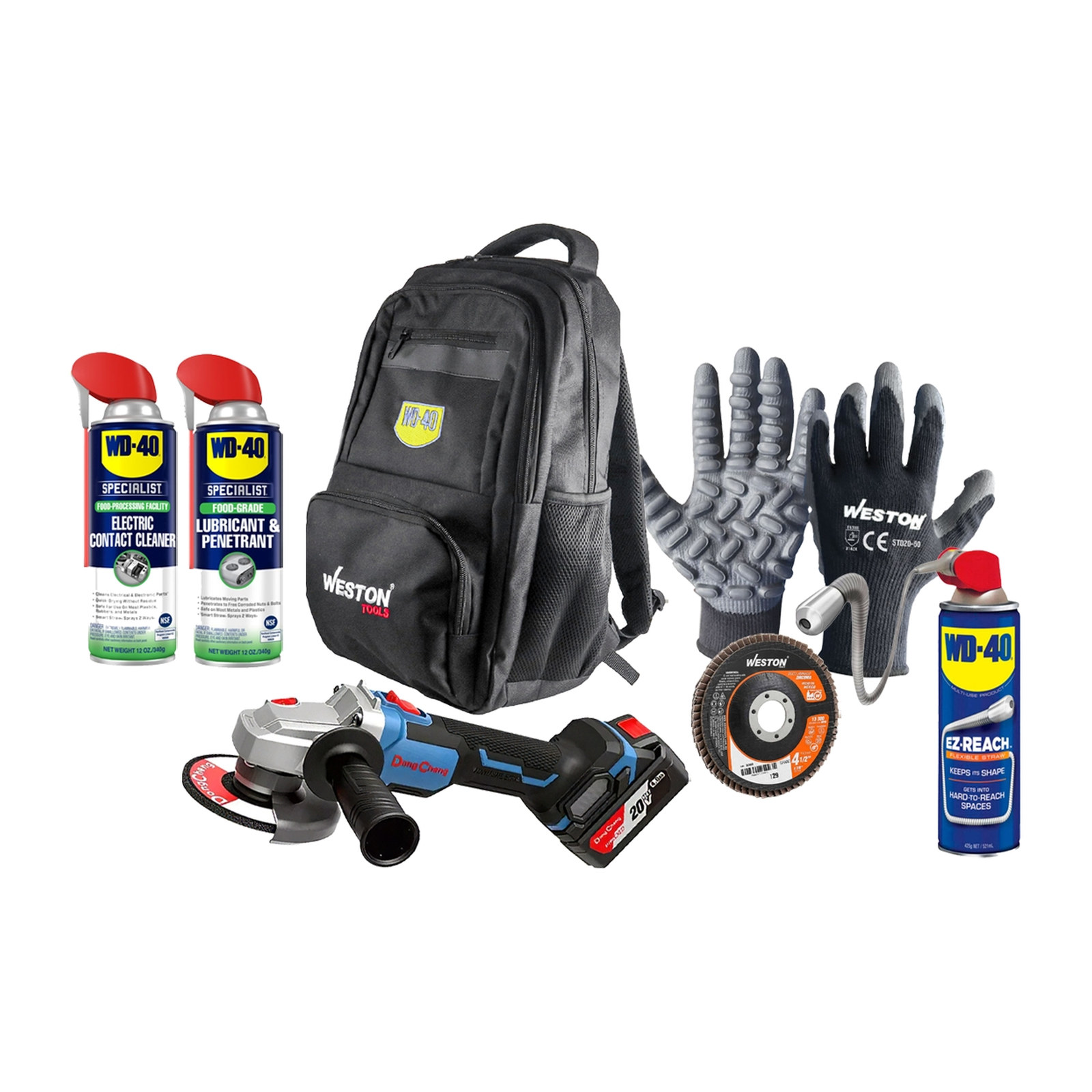 ESMERIL. 20V 8500RPM 4-1/2 + DISCO ZIRCONIA 4-1/2 G60 5PZ + GUANTE ANTIVIB + WD40 14.4OZ + MALETA