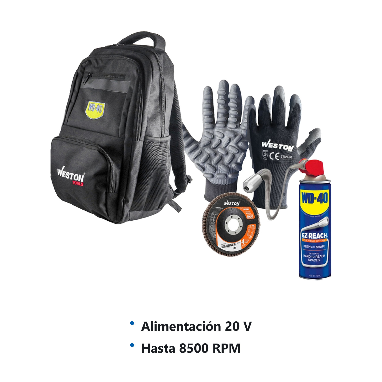 ESMERIL. 20V 8500RPM 4-1/2 + DISCO ZIRCONIA 4-1/2 G60 5PZ + GUANTE ANTIVIB + WD40 14.4OZ + MALETA - Imagen 2