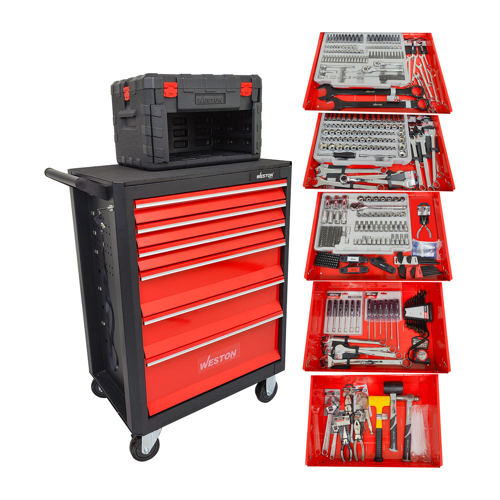 Kit Gabinete Rodante 32'' con Martillos, Pinzas, Desarmadores y Llaves Combinadas WESTON