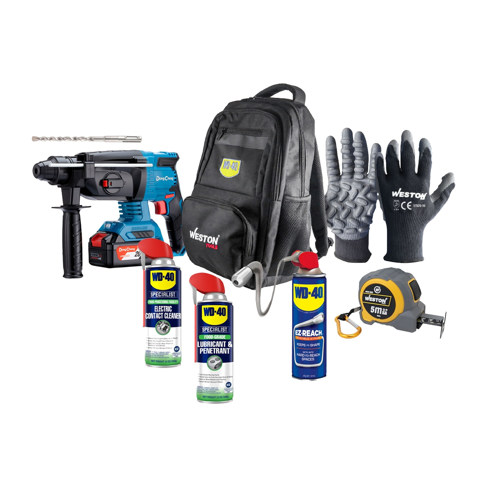ROTOMART. SDS+ 20V 1000RPM + BROCA SDS 1/2X6" 5PZ + GUANTE ANTIVIB + FLEXO 5M + WD40 14.4OZ + MALETA