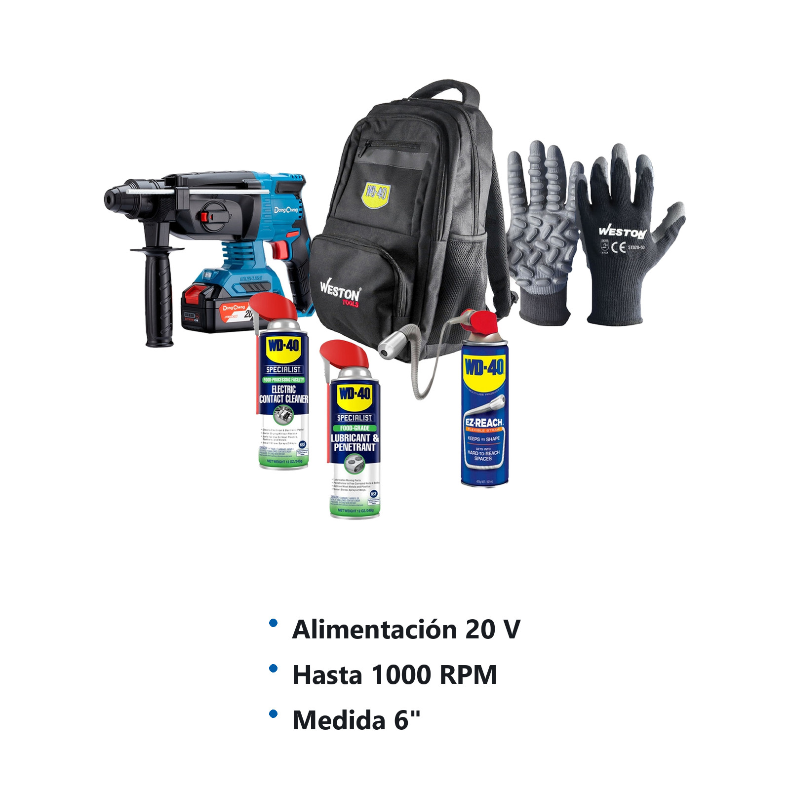 ROTOMART. SDS+ 20V 1000RPM + BROCA SDS 1/2X6" 5PZ + GUANTE ANTIVIB + FLEXO 5M + WD40 14.4OZ + MALETA - Imagen 2