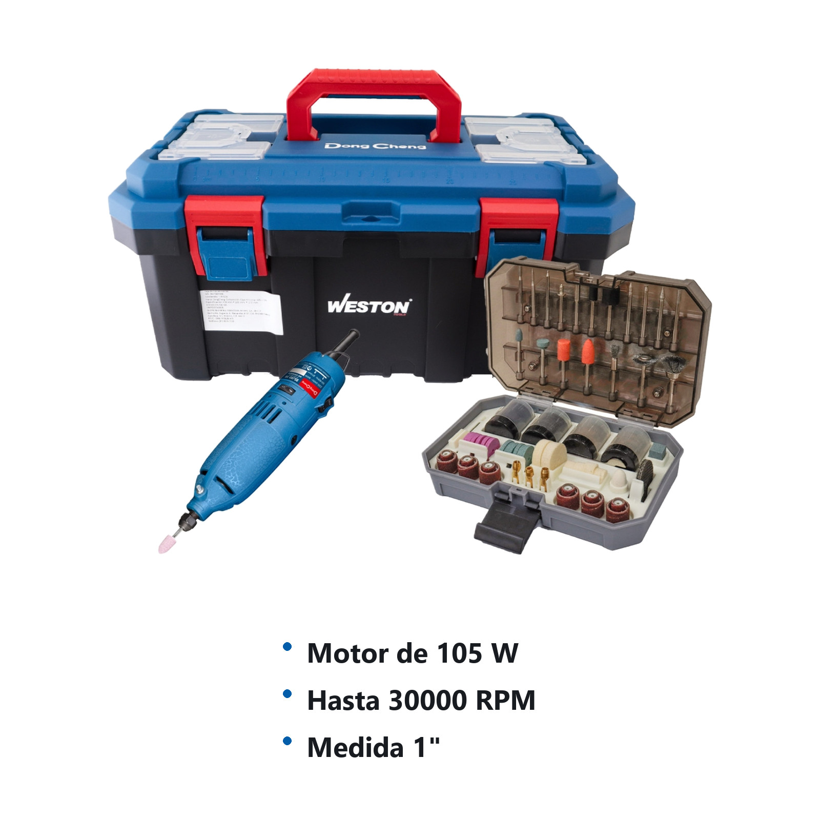 MOTOTOOL 105W 1" 30000RPM DONGCHENG + JGO ACC. P/MOTOTOOL 247 PZS + CAJA P/HERR. 17" DONGCHENG - Imagen 2