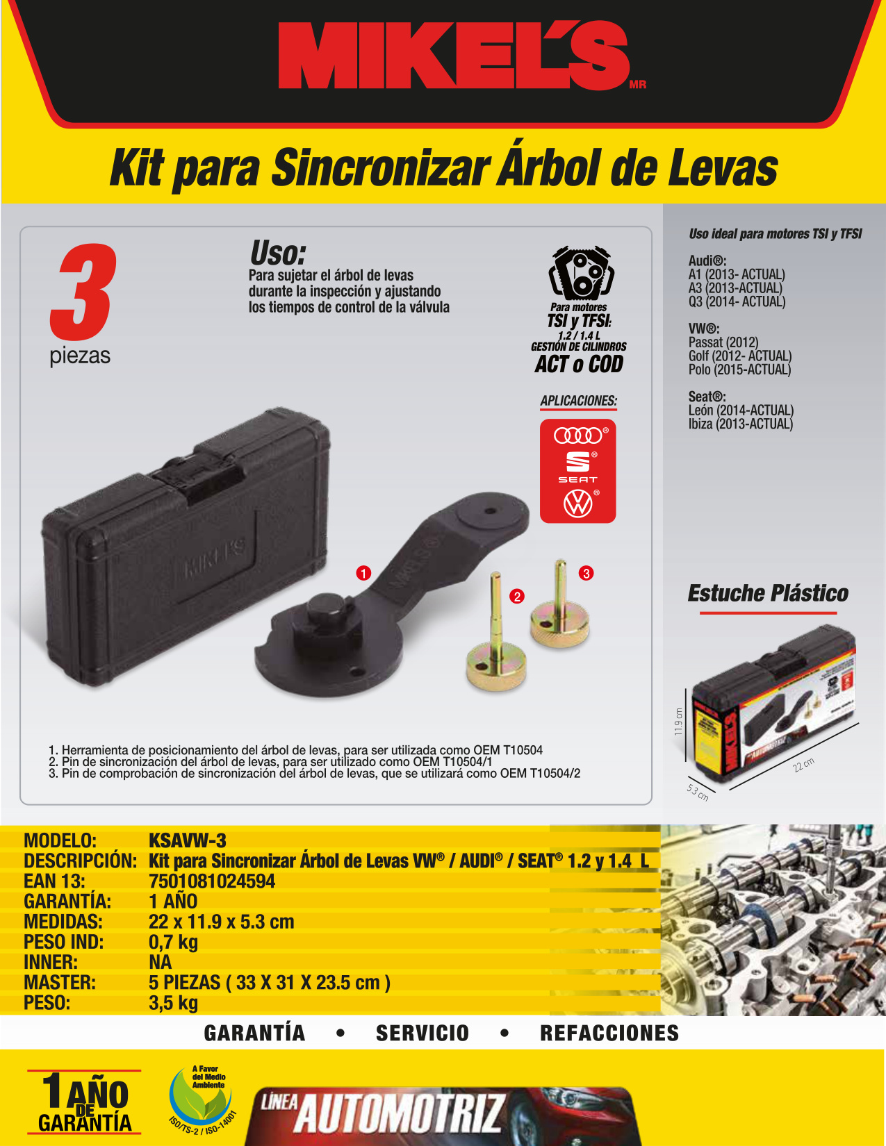 MIKELS KSAVW-3 Kit para sincronizar árbol de levas (VW® , Seat® , Audi®  1.2 lts y 1.4 lts) - Imagen 4