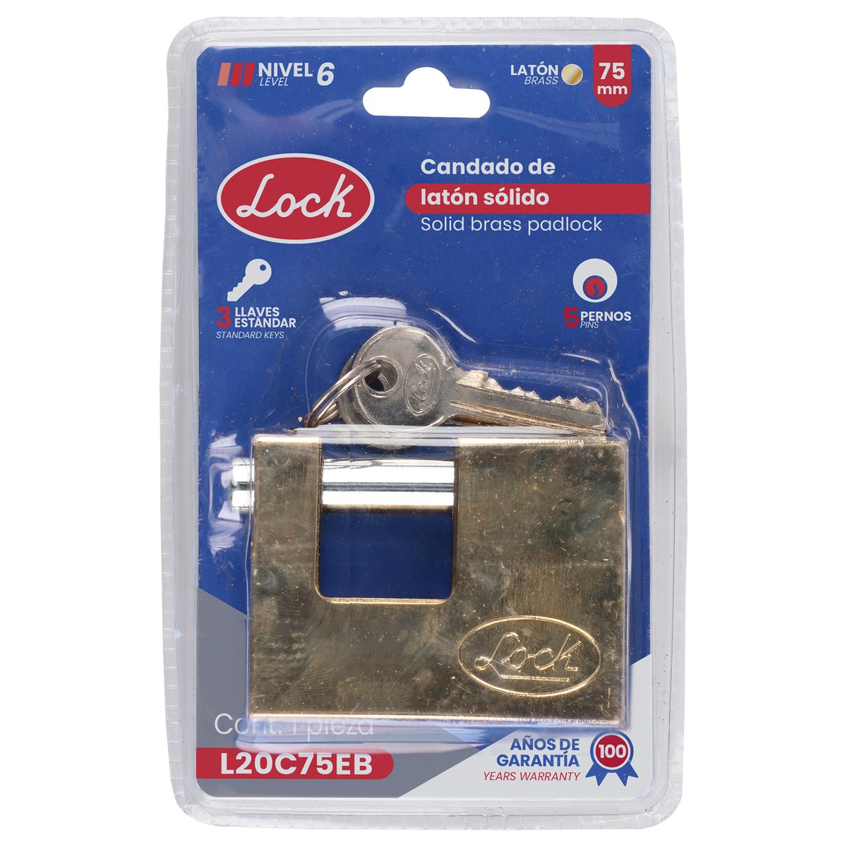 Candado de acero para cortina metálica 75 mm, latón brillante, llave estándar Lock - Imagen 2