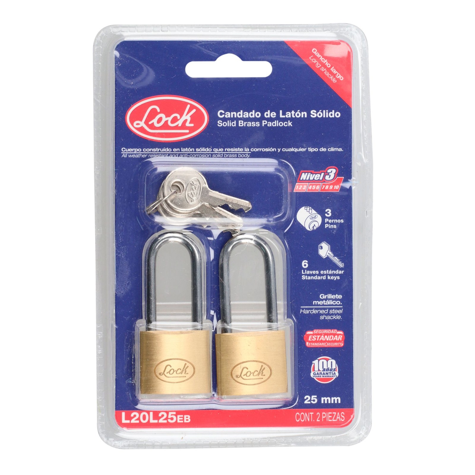 Juego de candados de latón largos 25 mm, llave estándar, 2 piezas Lock - Imagen 3
