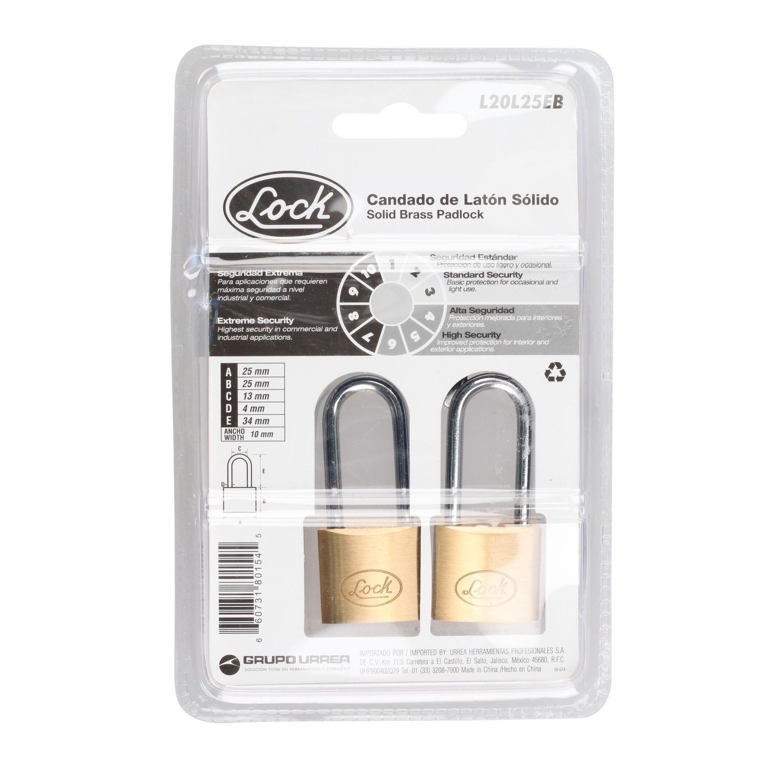 Juego de candados de latón largos 25 mm, llave estándar, 2 piezas Lock - Imagen 4