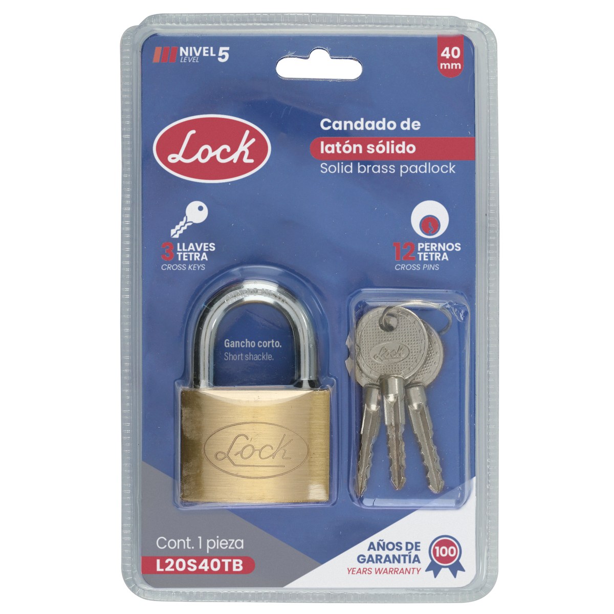 Candado de latón corto 40 mm, llave tetra Lock - Imagen 2