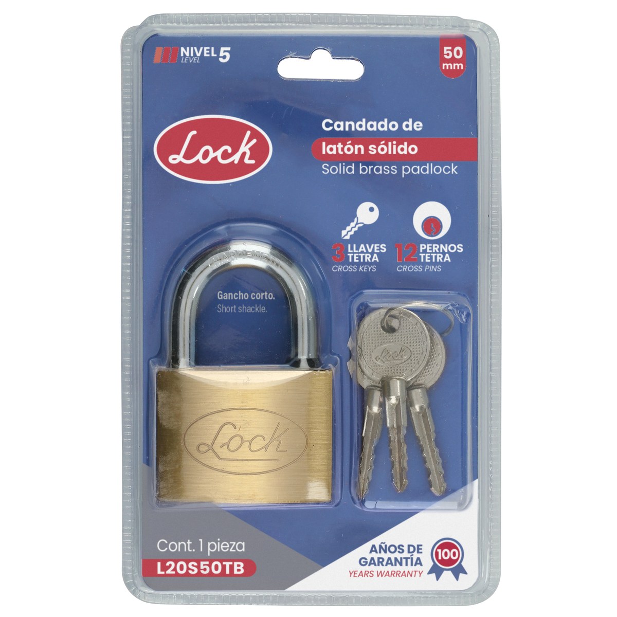 Candado de latón corto 50 mm, llave tetra Lock - Imagen 3