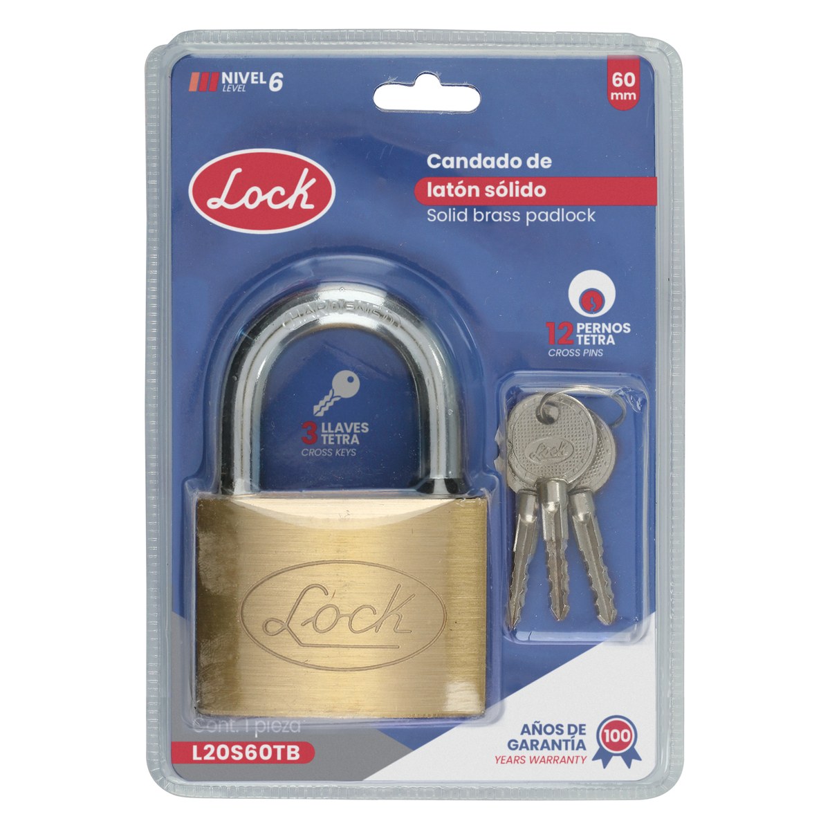 Candado de latón corto 60 mm, llave tetra Lock - Imagen 2