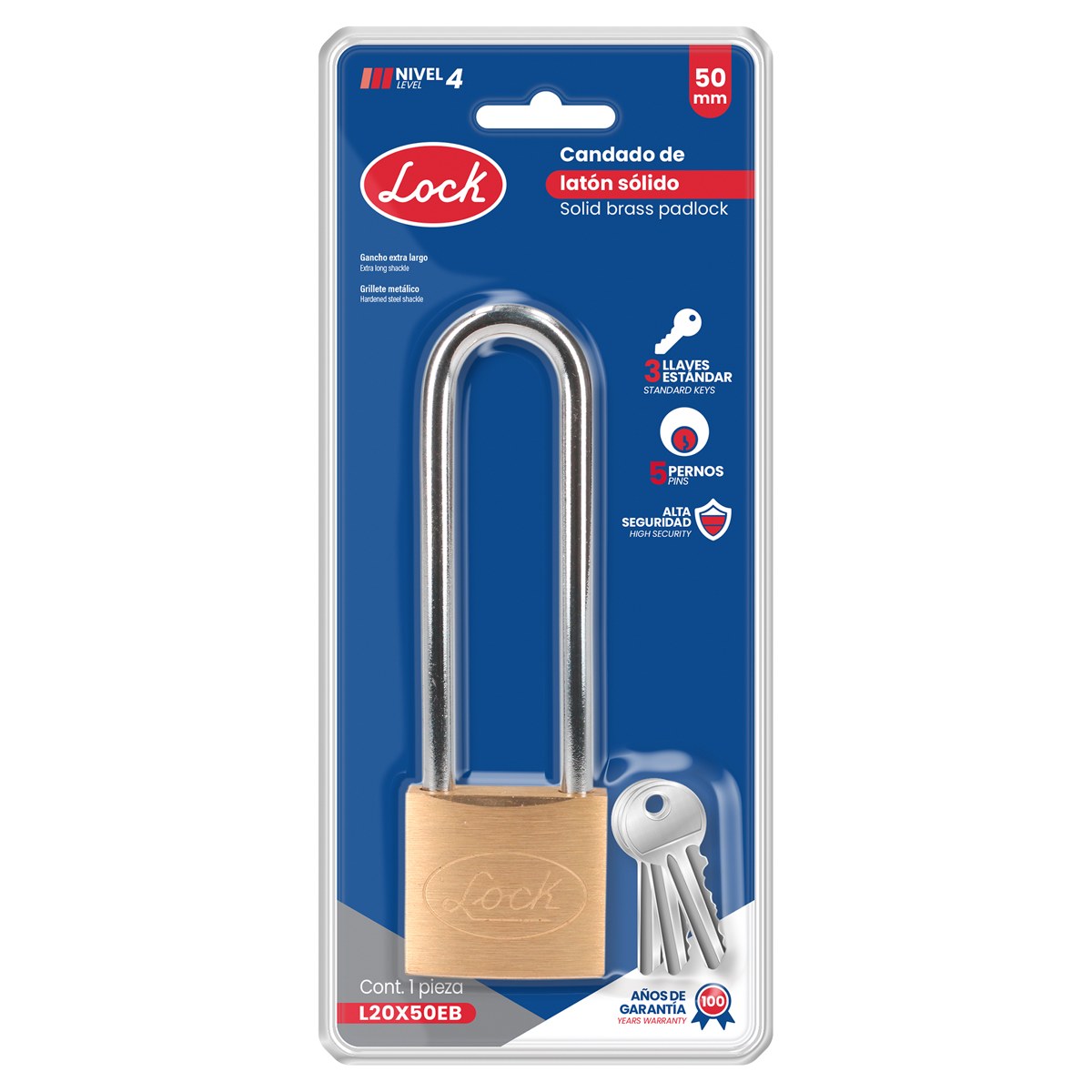 Candado de latón extra largo 30 mm, llave estándar Lock - Imagen 2