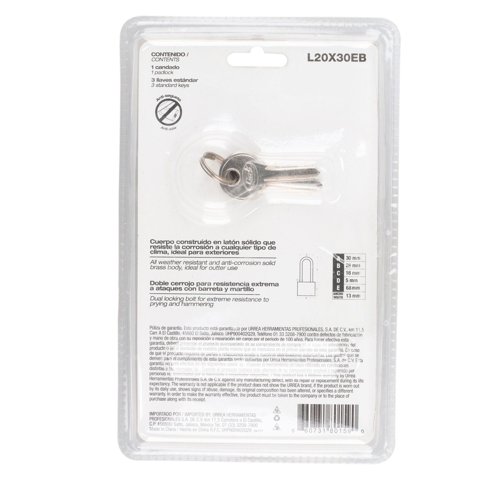 Candado de latón extra largo 30 mm, llave estándar Lock - Imagen 3