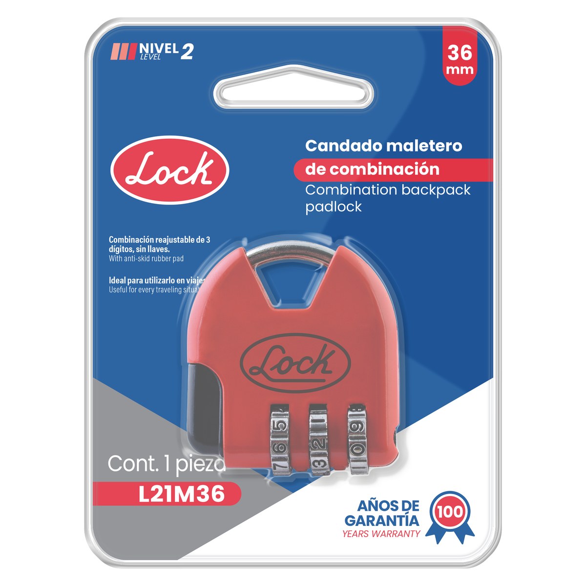 Candado de combinación programable para maleta, rojo, 36 mm Lock - Imagen 2