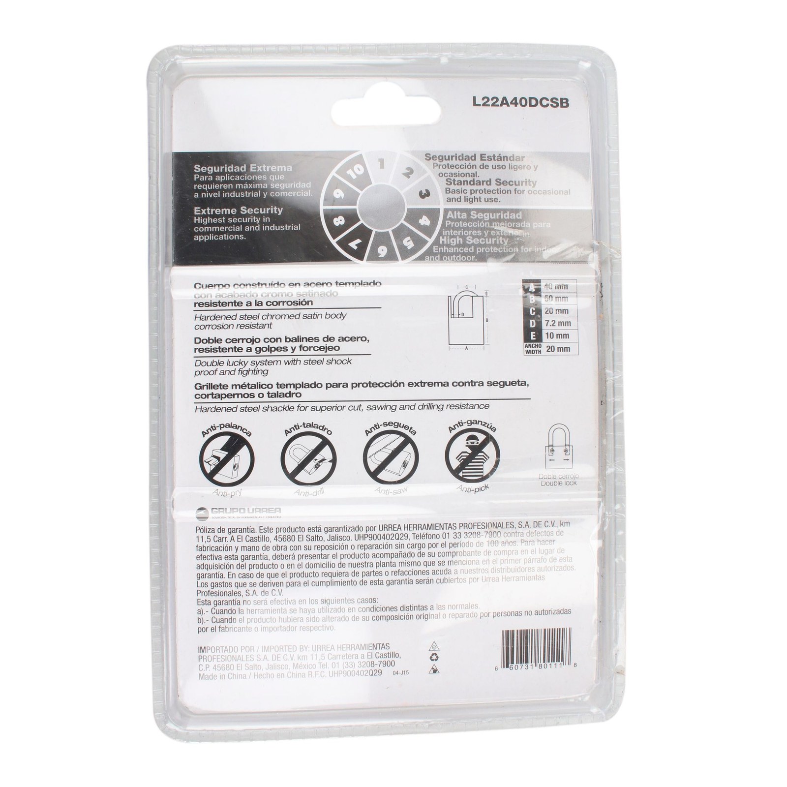 Candado antipalanca doble cerrojo 40 mm, llave de disco Lock - Imagen 4