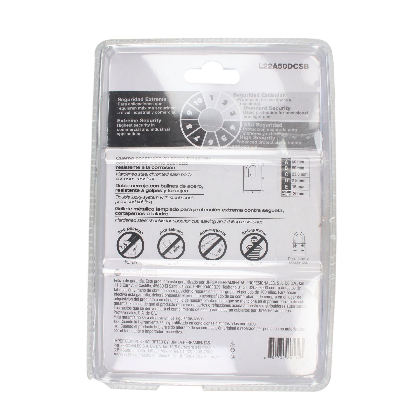 Candado antipalanca doble cerrojo 50 mm, llave de disco Lock - Imagen 3
