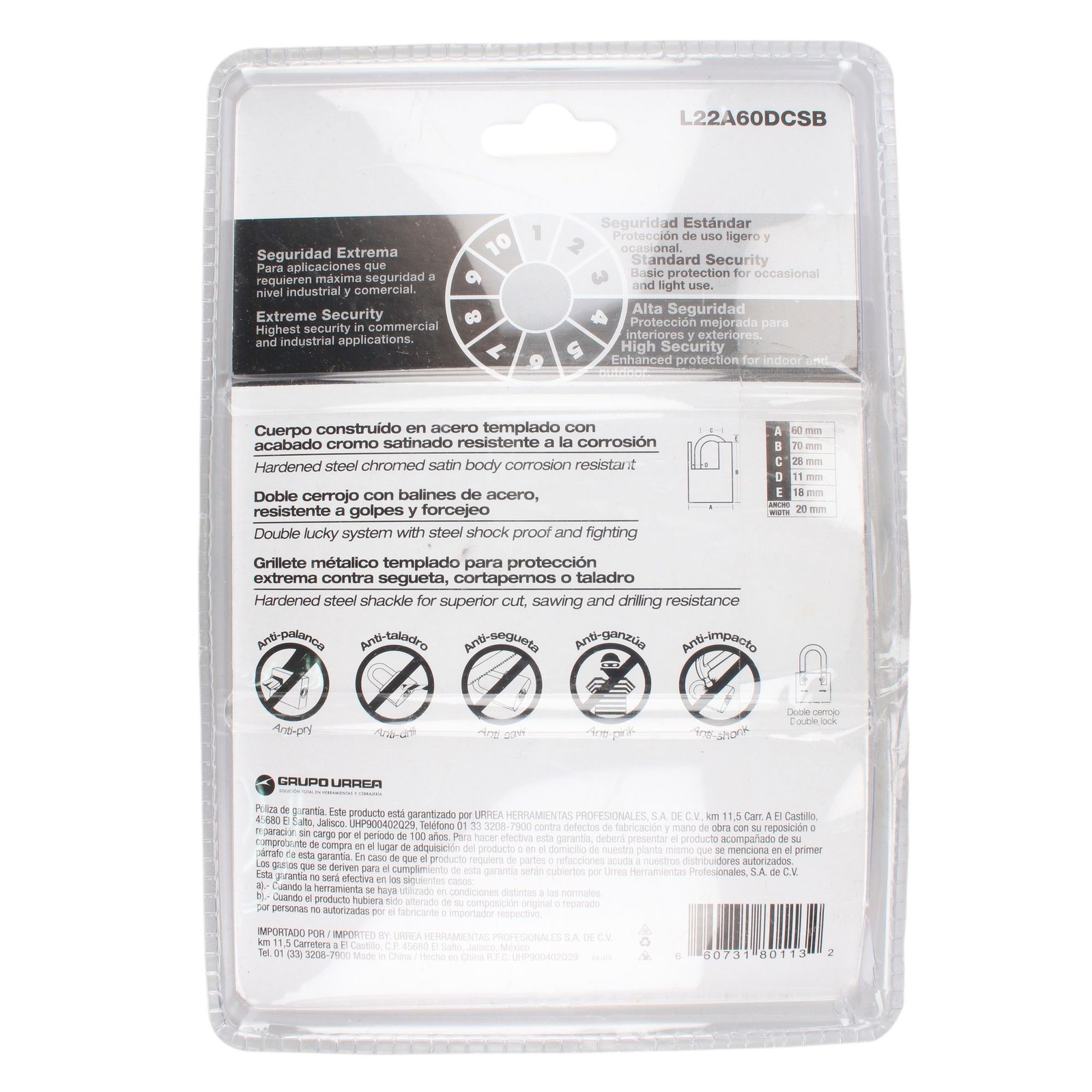 Candado antipalanca doble cerrojo 60 mm, llave de disco Lock - Imagen 4