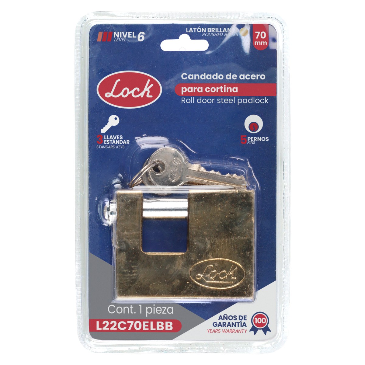 Candado de acero para cortina metálica, latón brillante, 70 mm, llave estándar Lock - Imagen 3