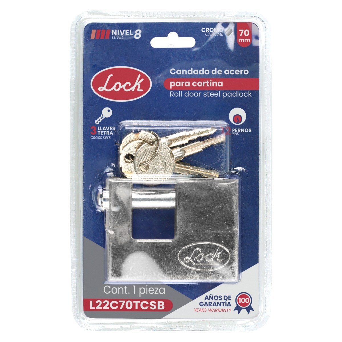 Candado de acero para cortina metálica 70 mm, cromo satinado, llave tetra Lock - Imagen 2