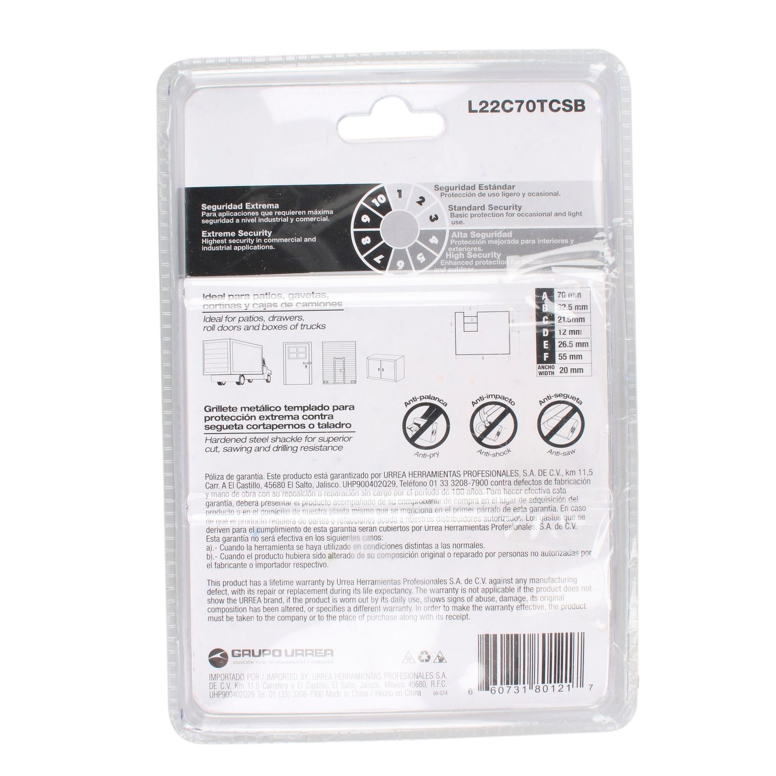 Candado de acero para cortina metálica 70 mm, cromo satinado, llave tetra Lock - Imagen 3
