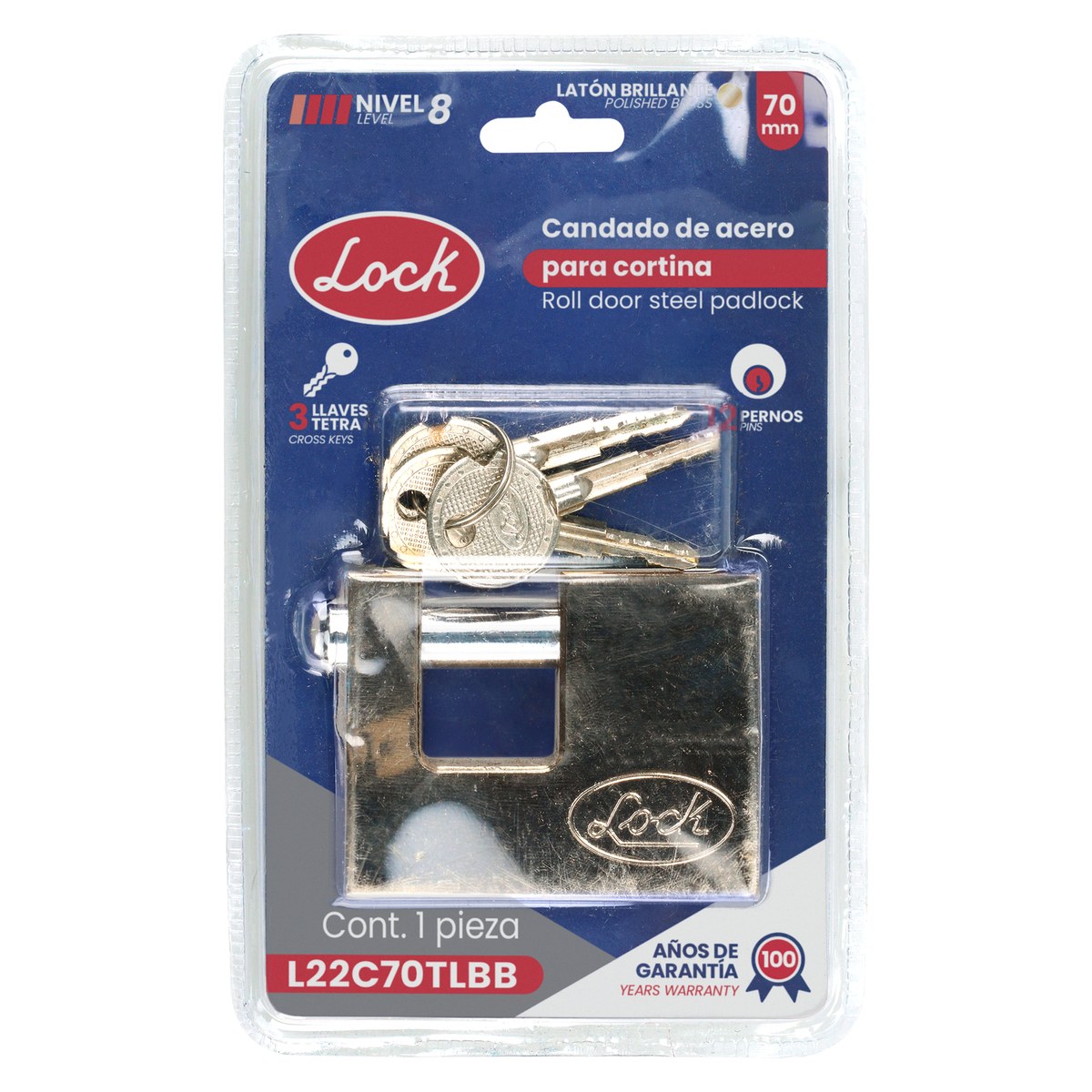 Candado de acero para cortina metálica 70 mm, latón brillante, llave tetra Lock - Imagen 3