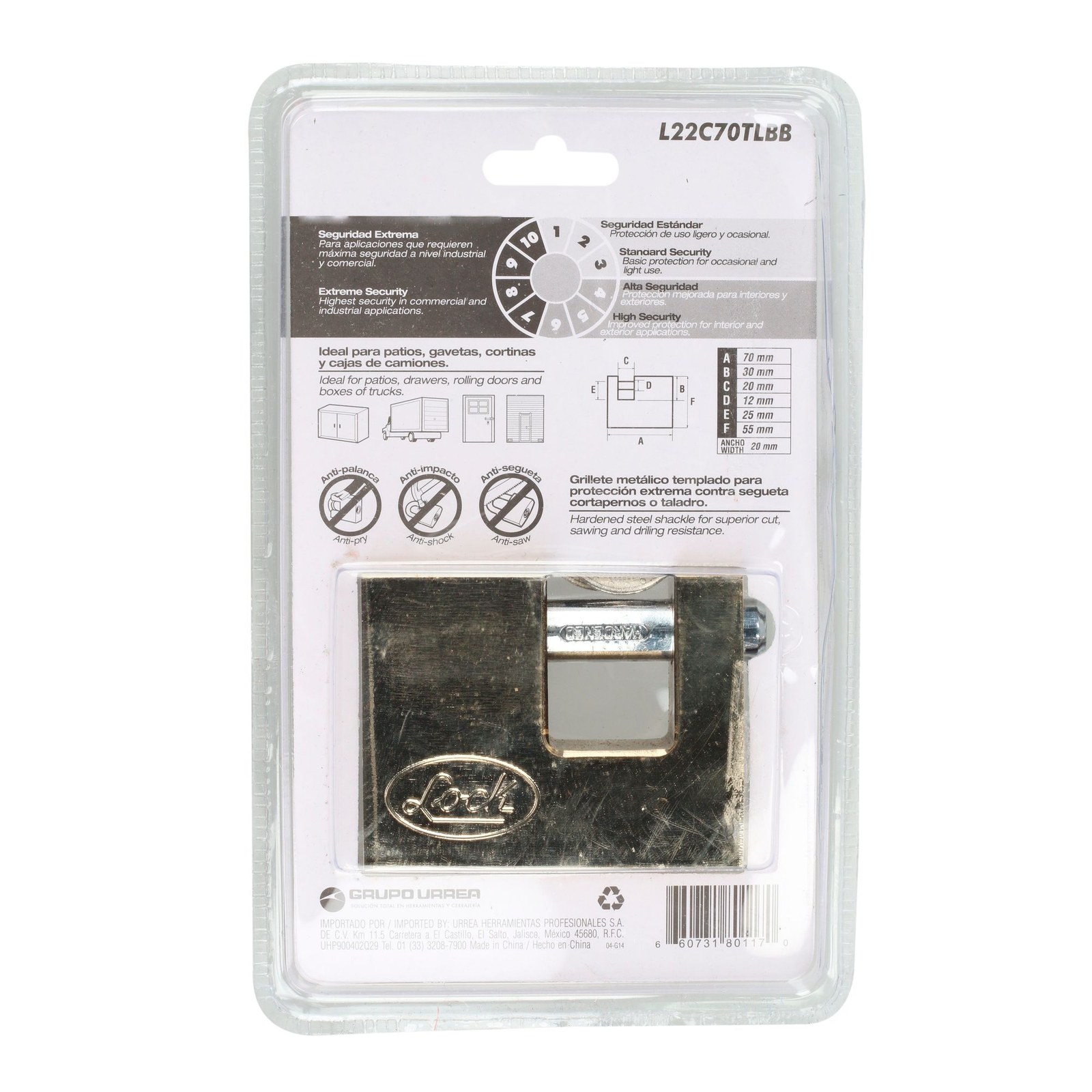Candado de acero para cortina metálica 70 mm, latón brillante, llave tetra Lock - Imagen 4